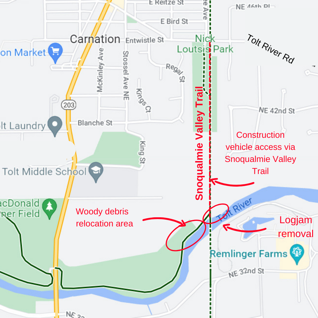 Construction work along Snoqualmie Valley Trail and Tolt River Bridge ...